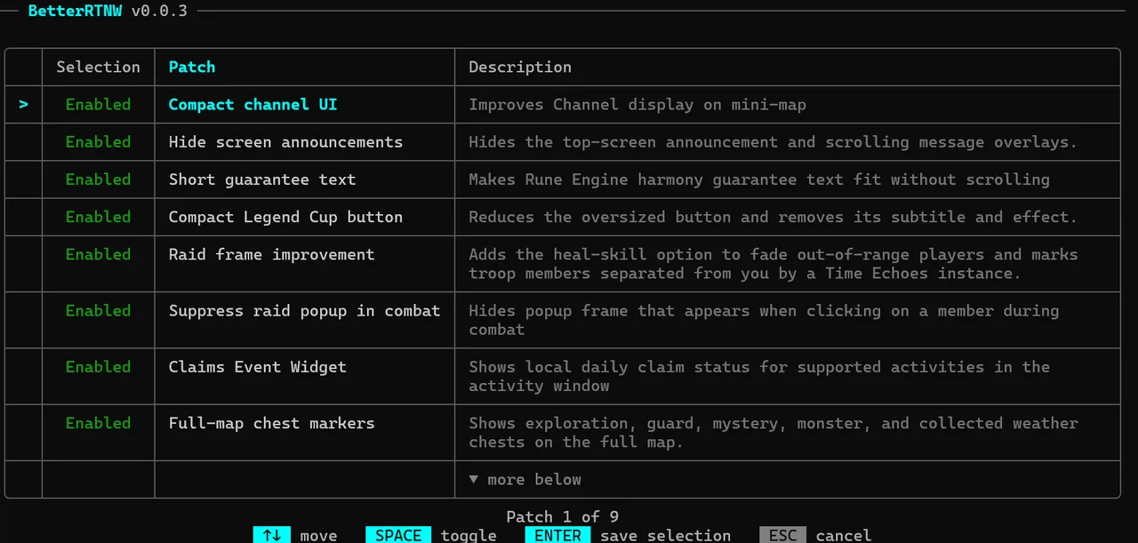 Patch selection table