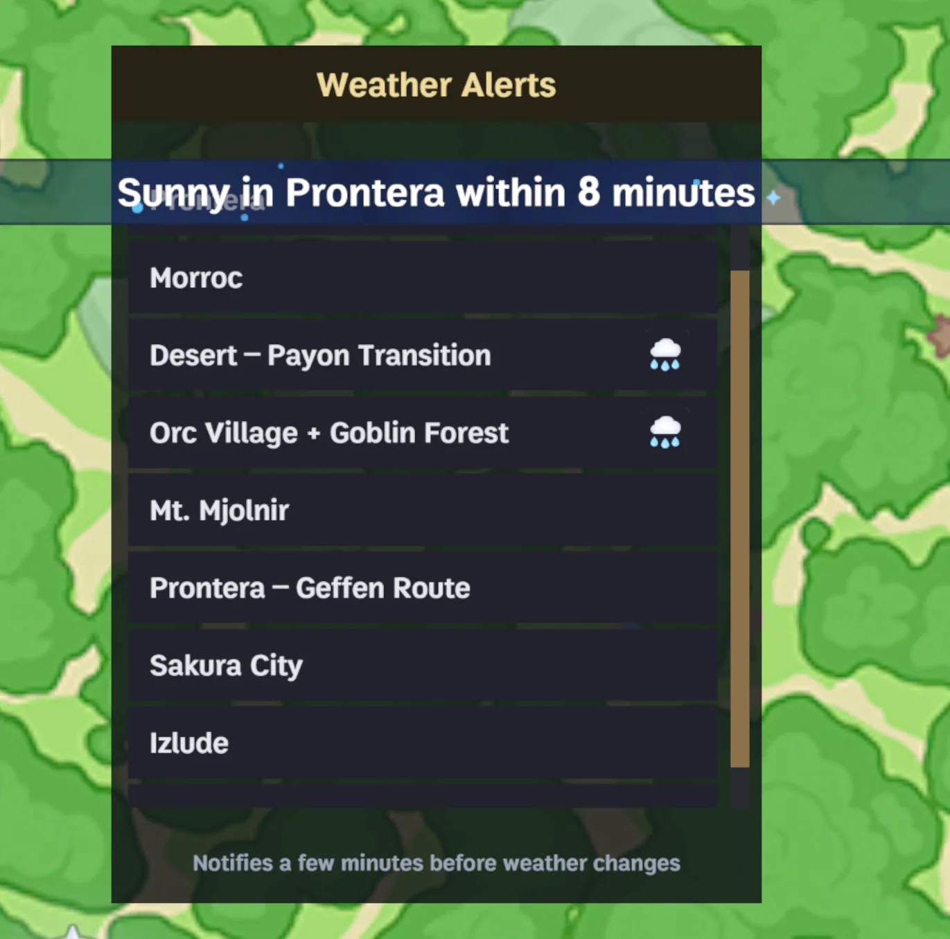 Weather alert panel on the area map